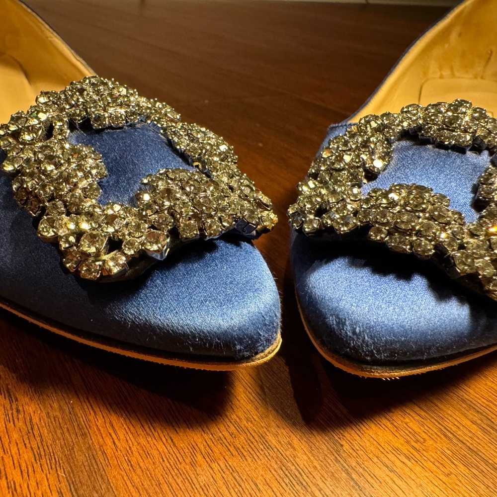 Manolo Blahnik Hangisiflat Blue Satin Jewel Buckle